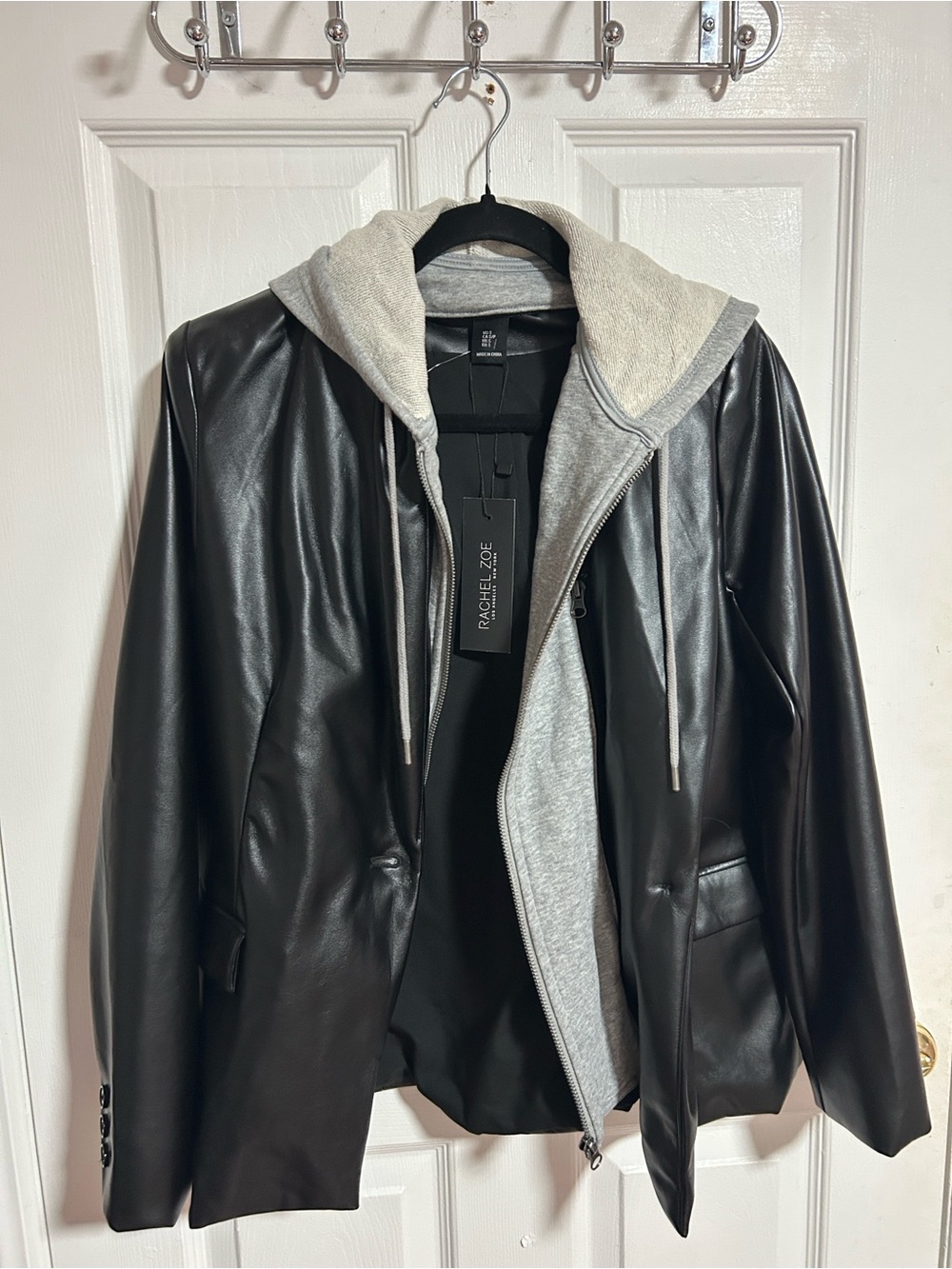 Rachel Zoe Black Faux Leather Jacket with Light Gray Hood